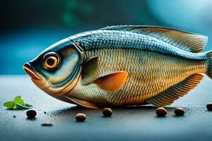 un pescado es sentado en un mesa con algunos semillas generado por ai foto