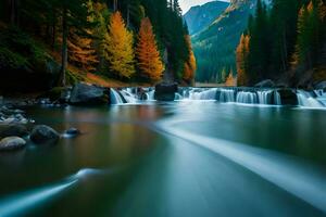 a river flowing through a forest with trees and rocks. AI-Generated photo