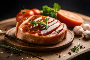 grilled salmon steak with tomato and herbs on a wooden cutting board. AI-Generated photo