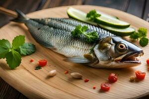a fish with vegetables and herbs on a wooden cutting board. AI-Generated photo