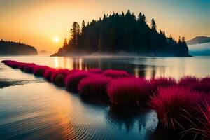 a lake with pink reeds and trees at sunset. AI-Generated photo