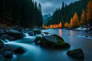 a river flowing through a forest with trees and rocks. AI-Generated photo