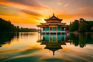 a pagoda sits on the water at sunset. AI-Generated photo