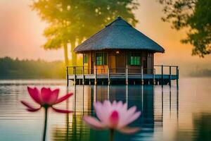 lotus flower, house, water, lake, sunrise, sunrise, lotus flower, lot. AI-Generated photo