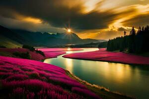 a river and pink flowers in the mountains. AI-Generated photo