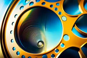 a close up of a gold and blue wheel. AI-Generated photo