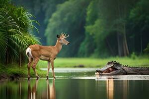 a deer and an alligator in the water. AI-Generated photo