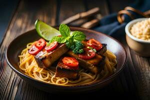 pork and noodles with tomato and basil. AI-Generated photo