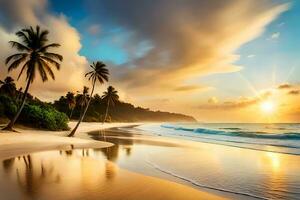 un hermosa playa escena con palma arboles y el Dom ajuste. generado por ai foto