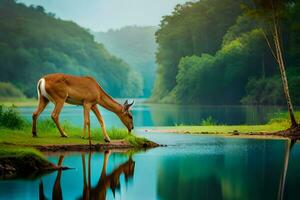 un ciervo es Bebiendo agua desde un río. generado por ai foto