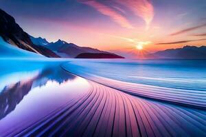 un hermosa puesta de sol terminado un lago con montañas en el antecedentes. generado por ai foto