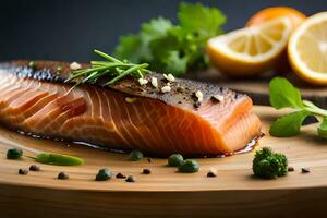 salmon on a wooden cutting board with herbs and lemon slices. AI-Generated photo