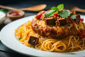 a plate of spaghetti with meat and vegetables. AI-Generated photo