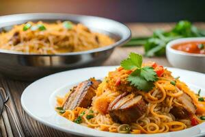 chinese noodles with pork and vegetables. AI-Generated photo