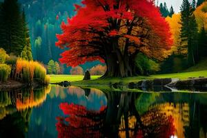 a tree with colorful leaves is reflected in the water. AI-Generated photo