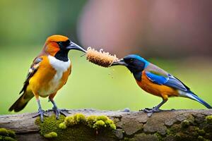 dos aves comiendo desde un rama. generado por ai foto