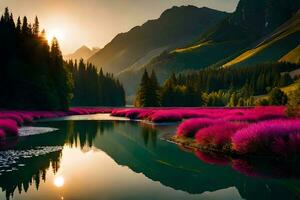 el Dom sube terminado un río y rosado flores generado por ai foto