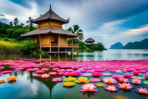 lotus flowers in the water with a pagoda in the background. AI-Generated photo