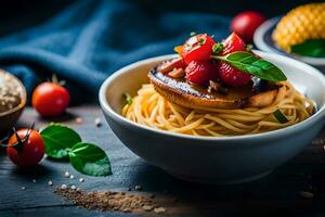 spaghetti with tomato and basil on a wooden table. AI-Generated photo