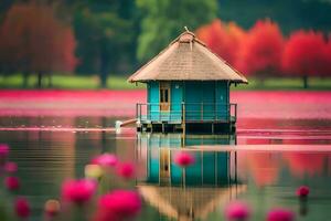a small hut sits on the edge of a lake surrounded by pink flowers. AI-Generated photo