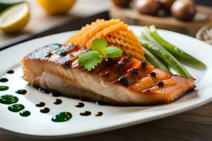 grilled salmon with vegetables and sauce on a white plate. AI-Generated photo