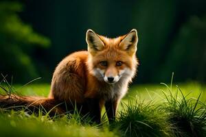 a red fox is sitting in the grass. AI-Generated photo