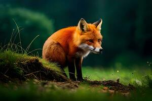 un rojo zorro es sentado en el suelo en un campo. generado por ai foto