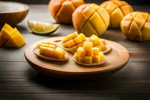 mangos en un de madera plato con rebanadas de fruta. generado por ai foto