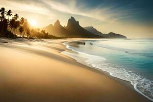 un hermosa playa escena con palma arboles y montañas. generado por ai foto