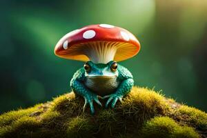 a frog with a mushroom on its head. AI-Generated photo