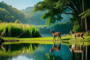 two deer standing in front of a pond in the forest. AI-Generated photo