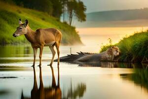 un ciervo y un león en pie en el agua. generado por ai foto