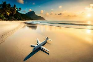 un avión se sienta en el playa a puesta de sol. generado por ai foto