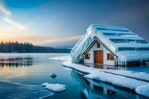 an igloo is sitting on the shore of a lake. AI-Generated photo