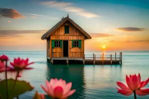 lotus flower, sunset, house, water, lotus flower, lotus flower, lot. AI-Generated photo