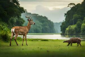 a deer and an armadillo in a field. AI-Generated photo