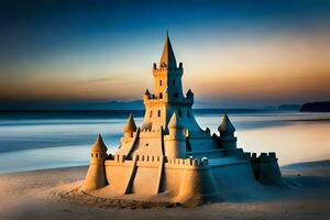 a sand castle on the beach at sunset. AI-Generated photo