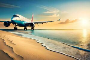 avión aterrizaje en el playa a puesta de sol. generado por ai foto