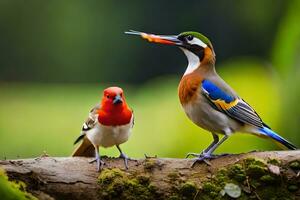 dos vistoso aves en pie en un rama. generado por ai foto