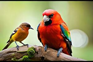 un rojo y naranja pájaro sentado en un rama. generado por ai foto