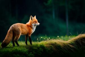 a fox stands in the middle of a green field. AI-Generated photo