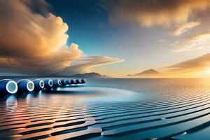 a long line of pipes in the ocean with a sunset. AI-Generated photo