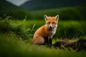 a fox sits in the grass on a hillside. AI-Generated photo