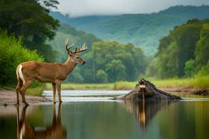 a deer stands next to a crocodile in a river. AI-Generated photo