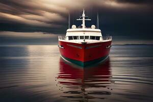 a red boat is floating in the water. AI-Generated photo