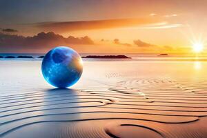 a blue sphere sitting on the sand at sunset. AI-Generated photo
