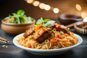 pollo y tallarines con vegetales en un cuenco en un de madera mesa. generado por ai foto