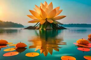 un grande loto flor flotante en el agua. generado por ai foto
