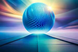 a blue sphere is shown in front of a bright light. AI-Generated photo