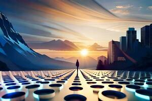 a man standing on a platform with a city in the background. AI-Generated photo